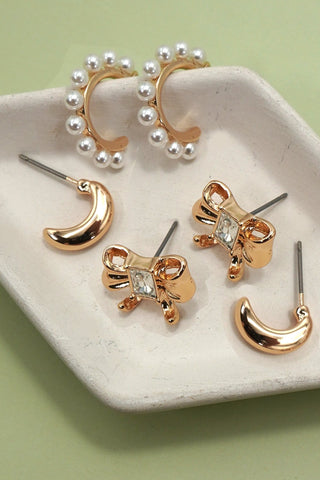 MULTI EARRING SET-PEARL EMBELLISHED HOOPS BOW | 80E61170