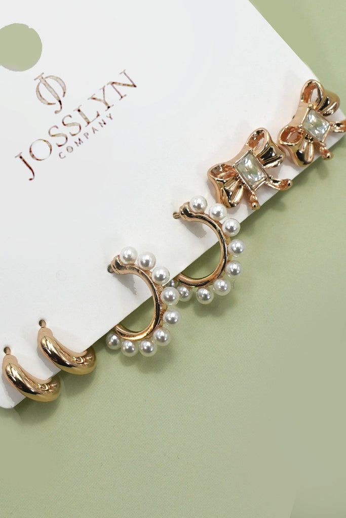 MULTI EARRING SET-PEARL EMBELLISHED HOOPS BOW | 80E61170