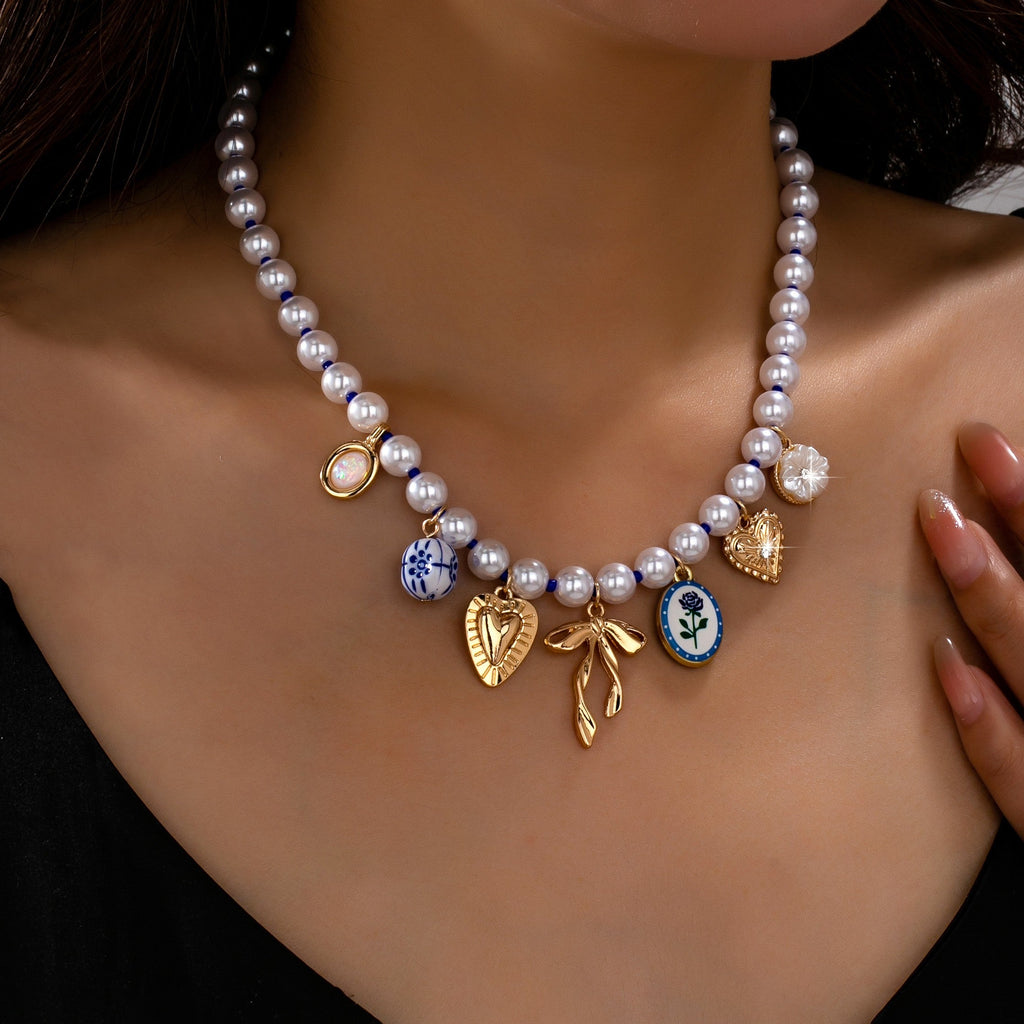 Blue & White Porcelain Multi-Charm Pearl Necklace | 80N93910
