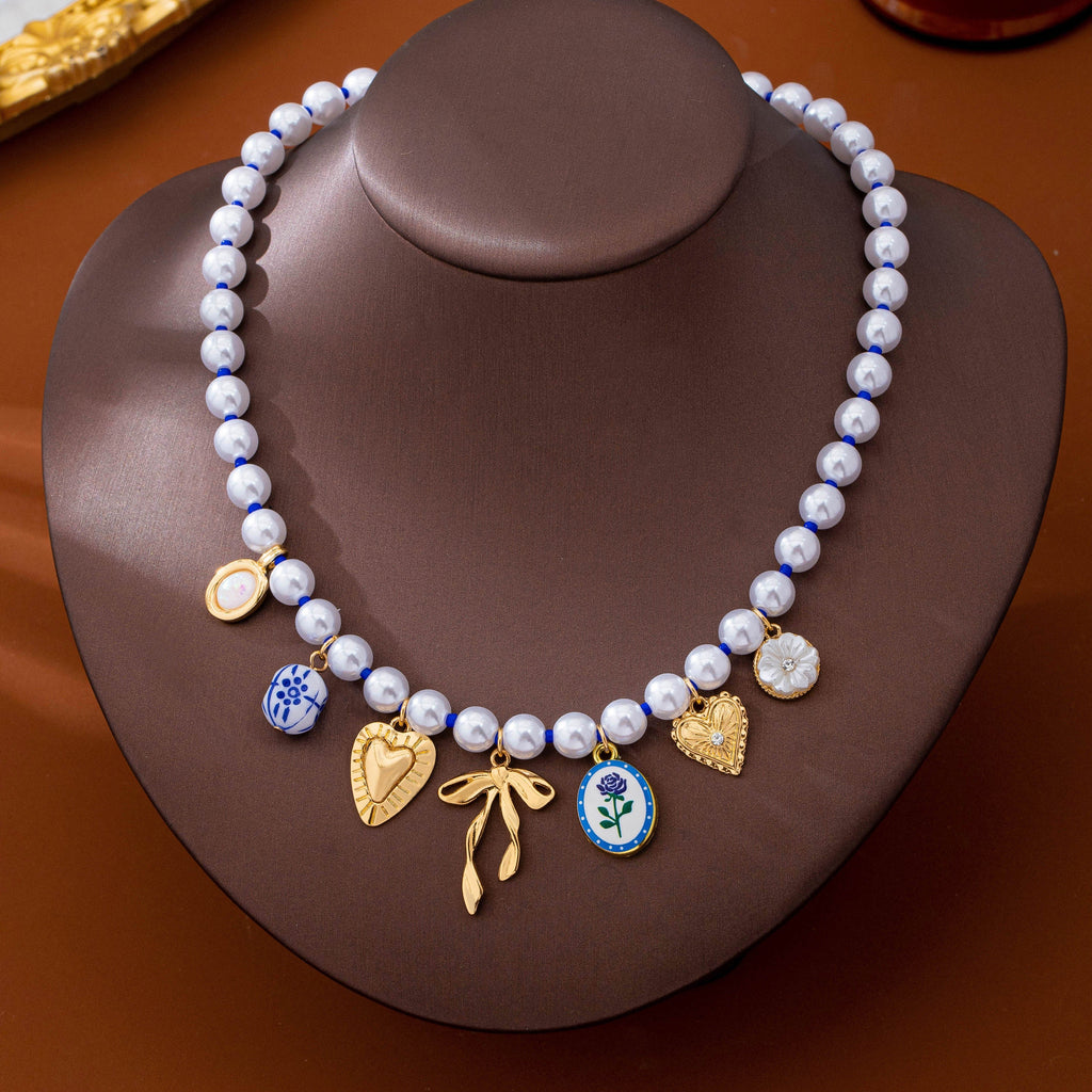 Blue & White Porcelain Multi-Charm Pearl Necklace | 80N93910
