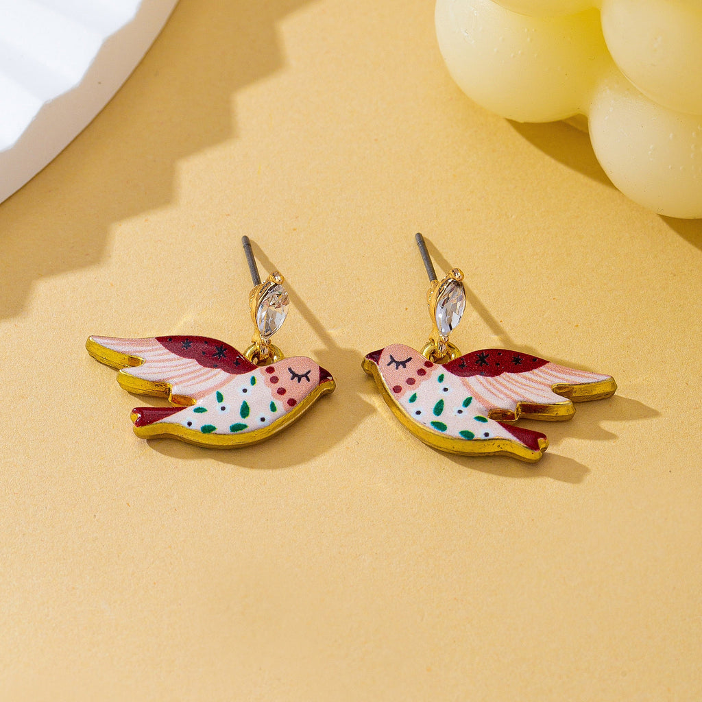 Pink Enamel Folk Art Bird Drop Earrings | 80E63565