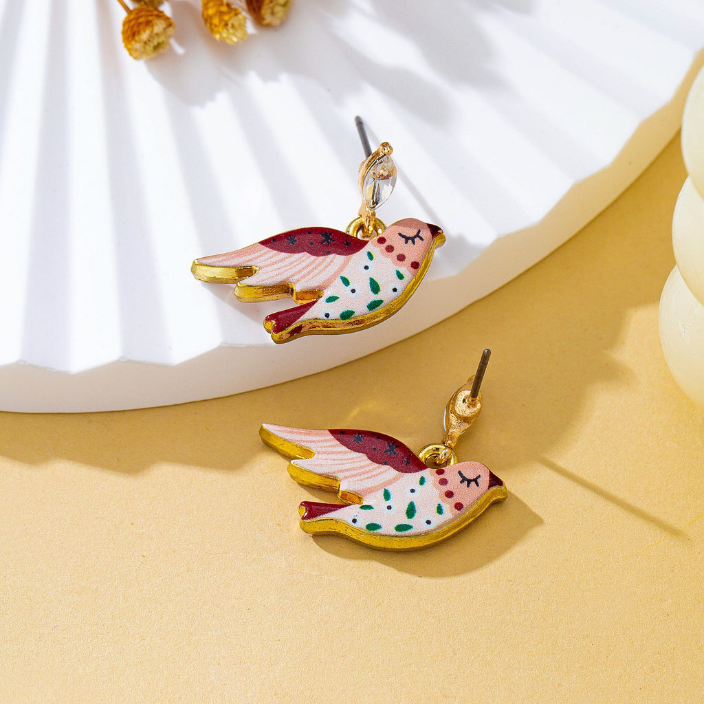 Pink Enamel Folk Art Bird Drop Earrings | 80E63565