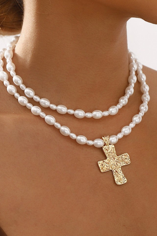 LUSTROUS PEARL BEADED LAYERED CROSS NECKLACE | 40NK9552