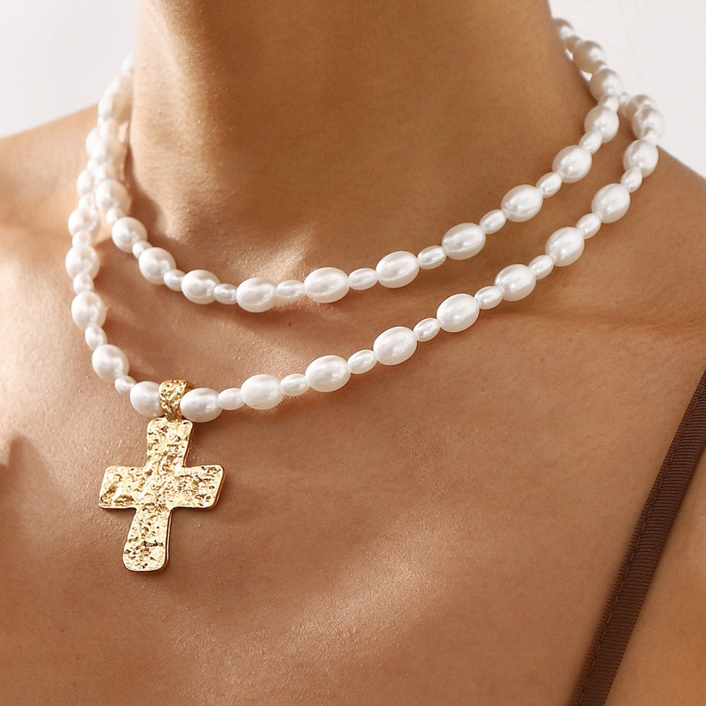 LUSTROUS PEARL BEADED LAYERED CROSS NECKLACE | 40NK9552