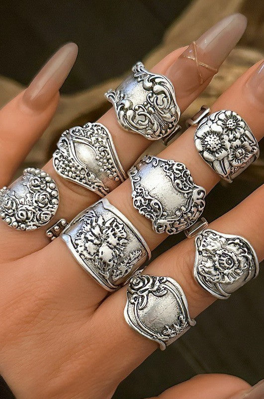 VINTAGE BOHO FLORAL STATEMENT SET OF 8 RINGS | 40R128