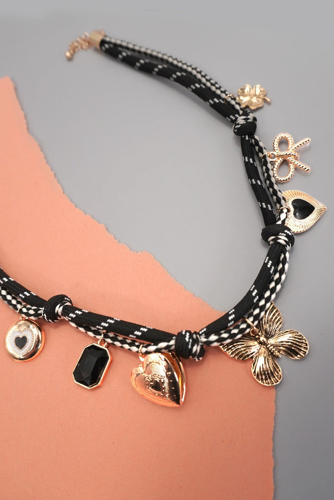 DOUBLE CORD CHARM NECKLACE - HEART LOCKET CLOVER | 80N92317