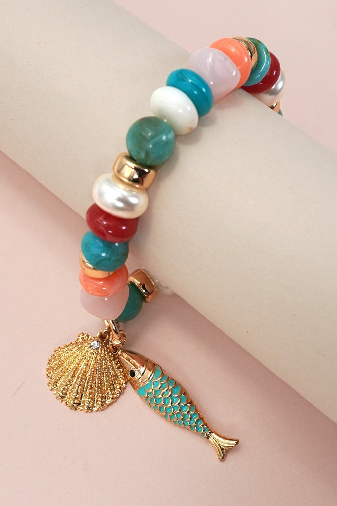 MULTI PEARL STONE MIX BEADED GOLD FISH BRACELETS | 80B1507