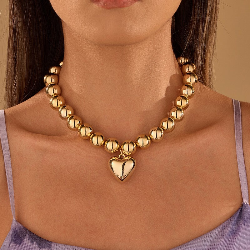 Chunky Metallic Ball Heart Charm Collar Necklace | 40NK9823
