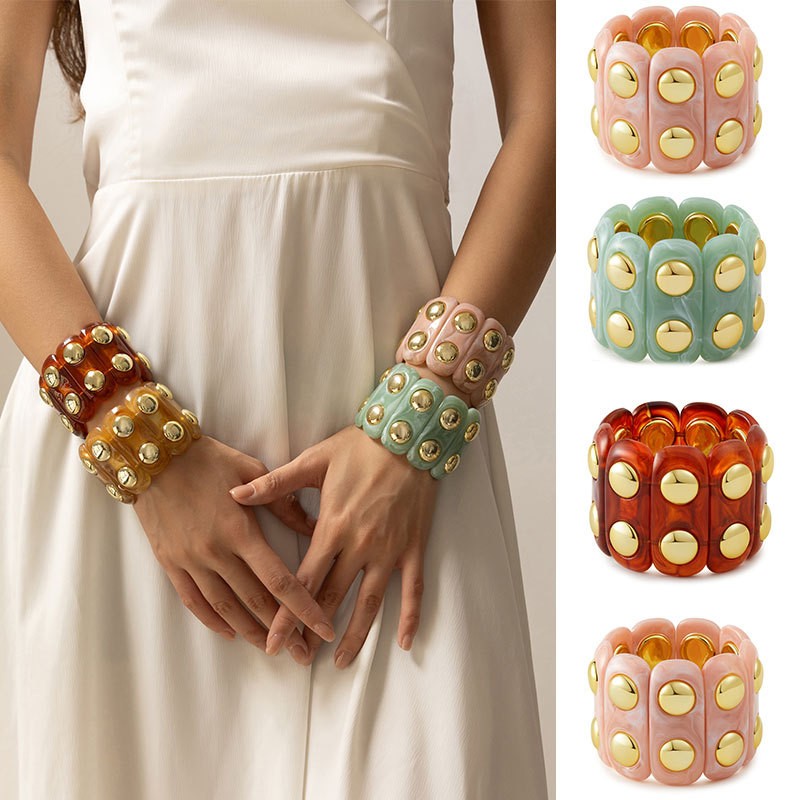 Color-Block Gold Acrylic Stretch Cord Bracelet | 40B5194