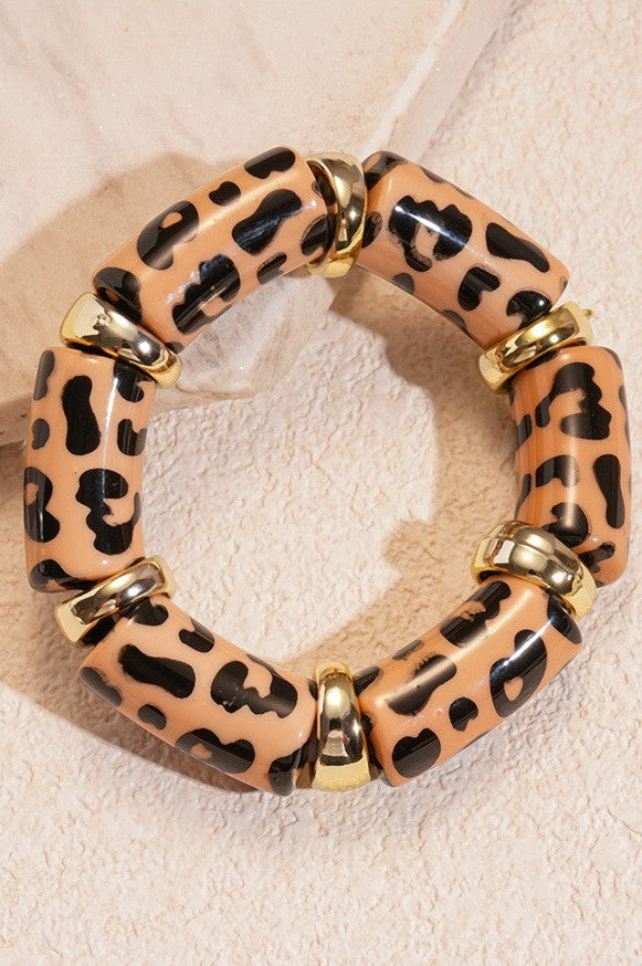 Acrylic Leopard Animal Gold Stretch Cord Bracelet | 40B5199
