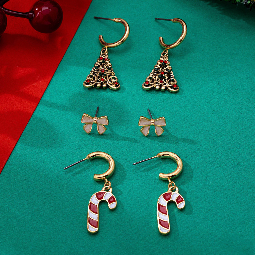Holiday Bow Candy Cane & Tree Trio Earring Set | 80E63585
