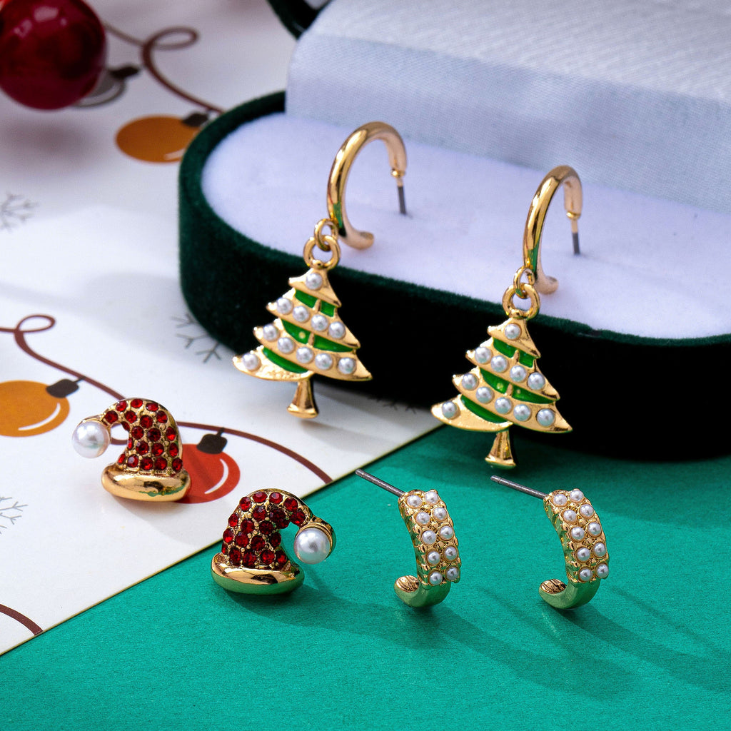 Holiday Santa Hat Pearl & X-mas Tree Earring Set | 80E63582