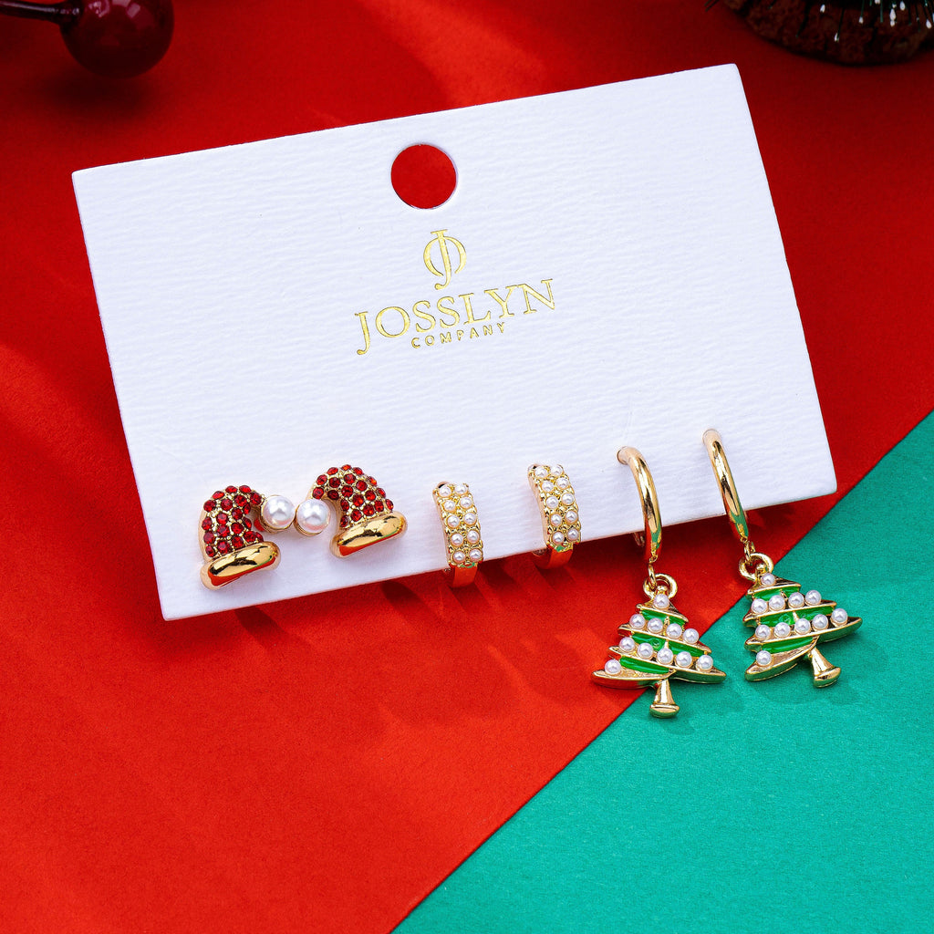Holiday Santa Hat Pearl & X-mas Tree Earring Set | 80E63582