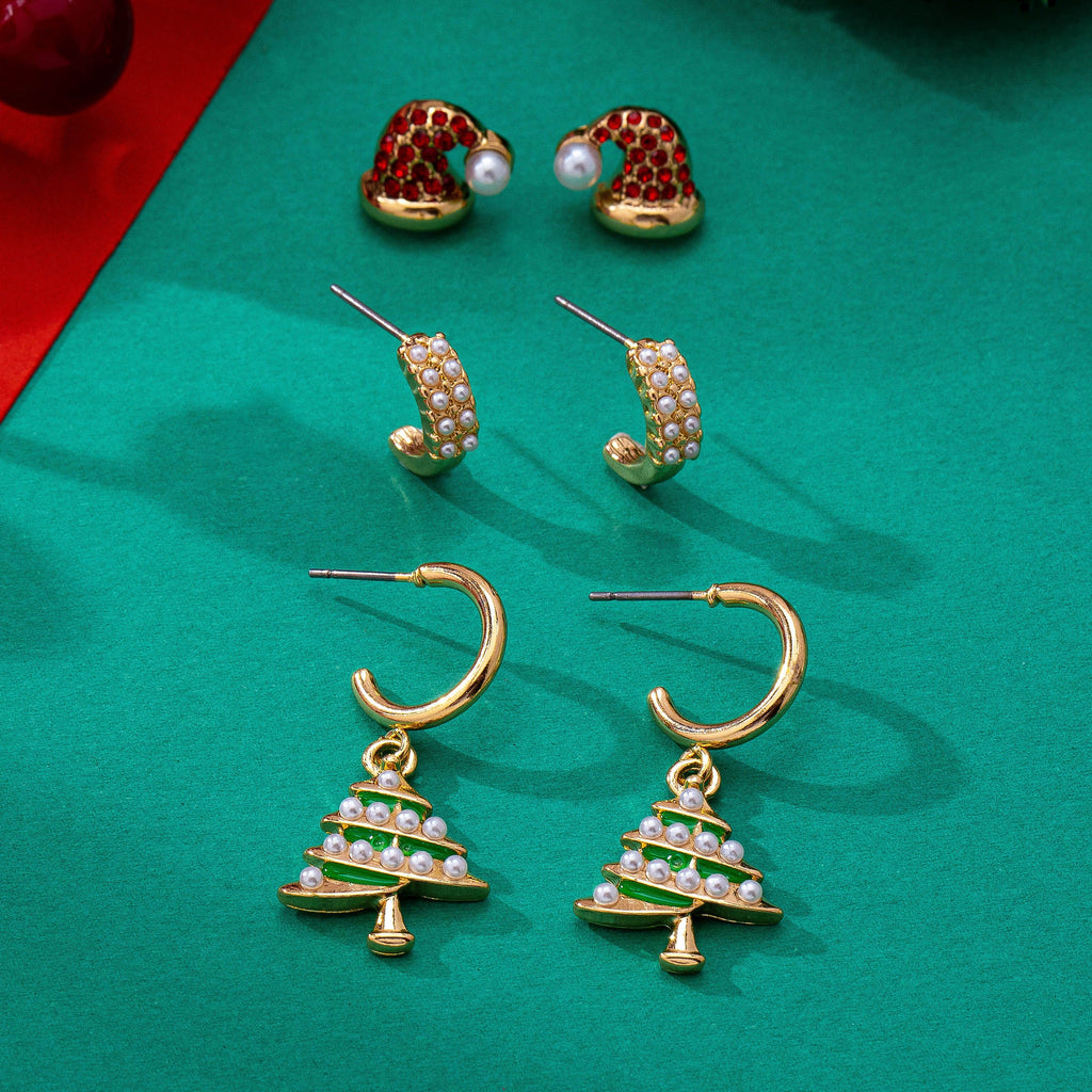 Holiday Santa Hat Pearl & X-mas Tree Earring Set | 80E63582