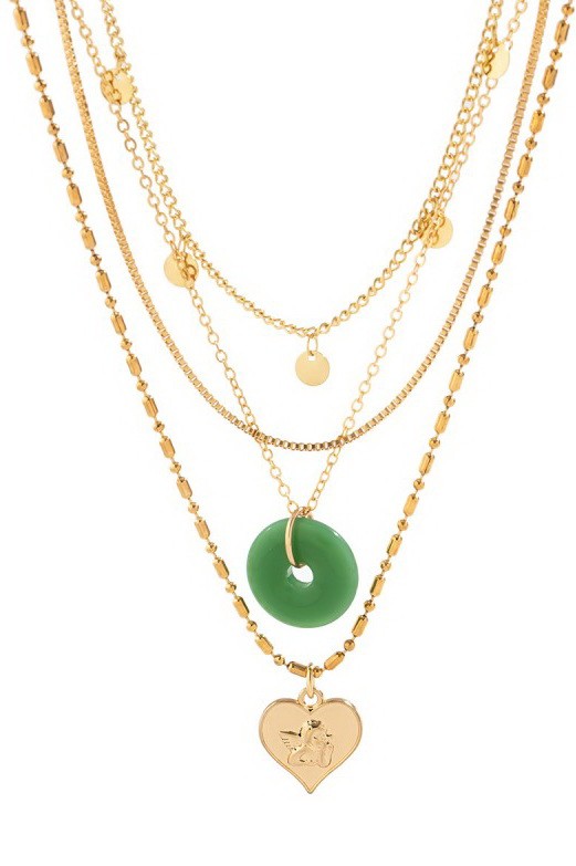 MULTI LAYER GLASS STONE HEART DISC CHARM NECKLACE | 40NK9595