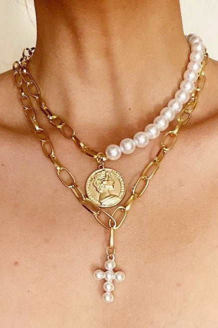 MULTI LAYER MIX PEARL CROSS COIN CHARM NECKLACE | 40NK9597