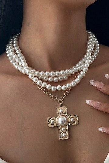 MULTI WRAP PEARL BEADED CROSS CHARM NECKLACE | 40NK9599