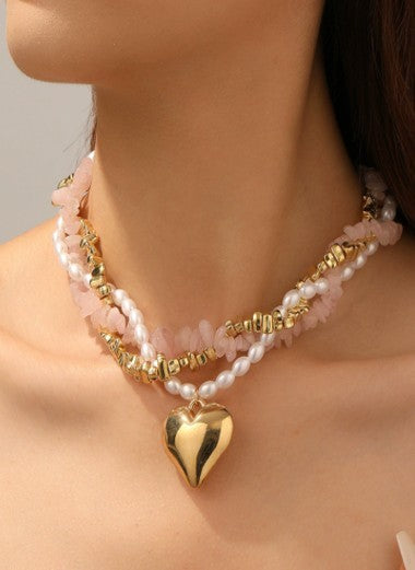 NATURAL STONE PEARL BEADED HEART NECKLACE | 40NK9601