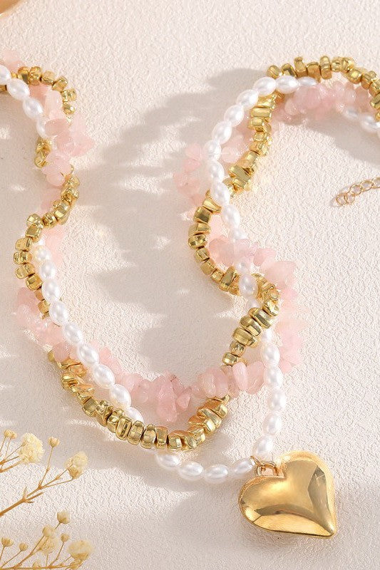 NATURAL STONE PEARL BEADED HEART NECKLACE | 40NK9601