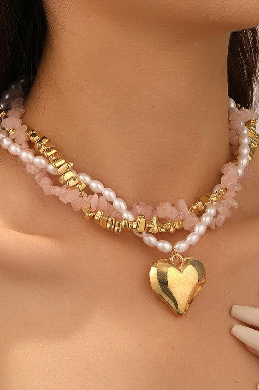 NATURAL STONE PEARL BEADED HEART NECKLACE | 40NK9601