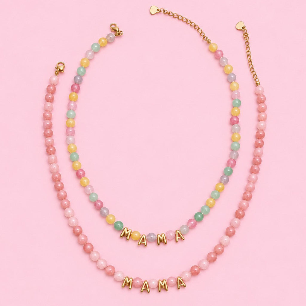 STAINLESS STEEL MAMA NATURAL STONE BEADED NECKLACE|40NK9810
