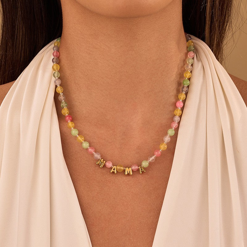 STAINLESS STEEL MAMA NATURAL STONE BEADED NECKLACE|40NK9810