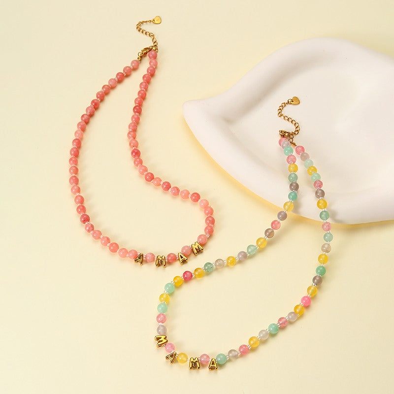 STAINLESS STEEL MAMA NATURAL STONE BEADED NECKLACE|40NK9810
