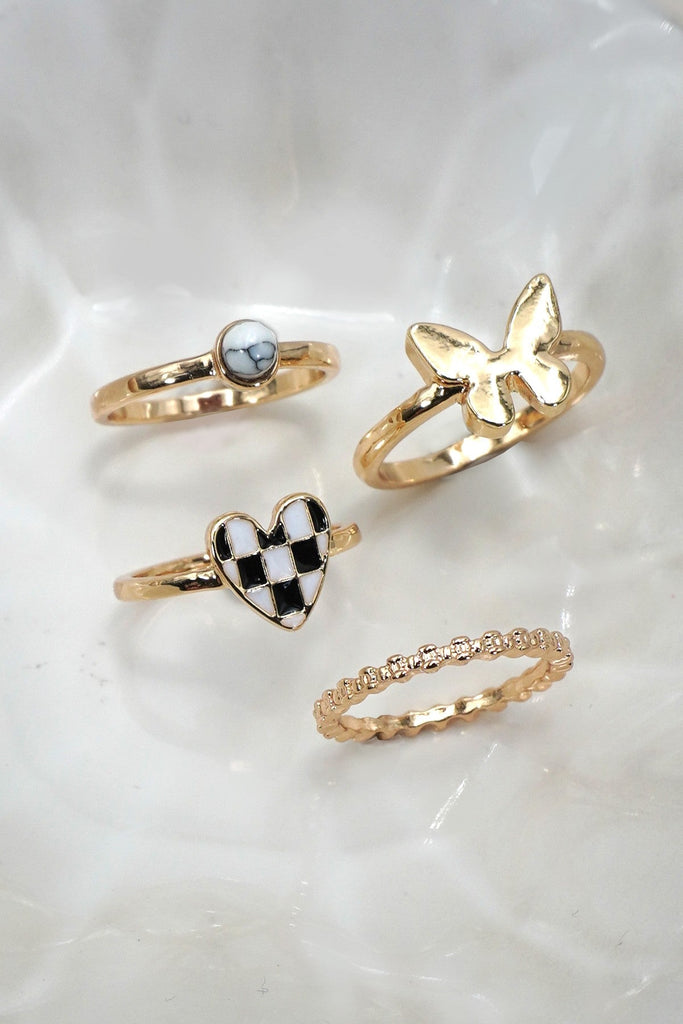 CHECKER HEART BUTTERFLY 4 RING SET | 80R125