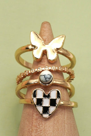 CHECKER HEART BUTTERFLY 4 RING SET | 80R125