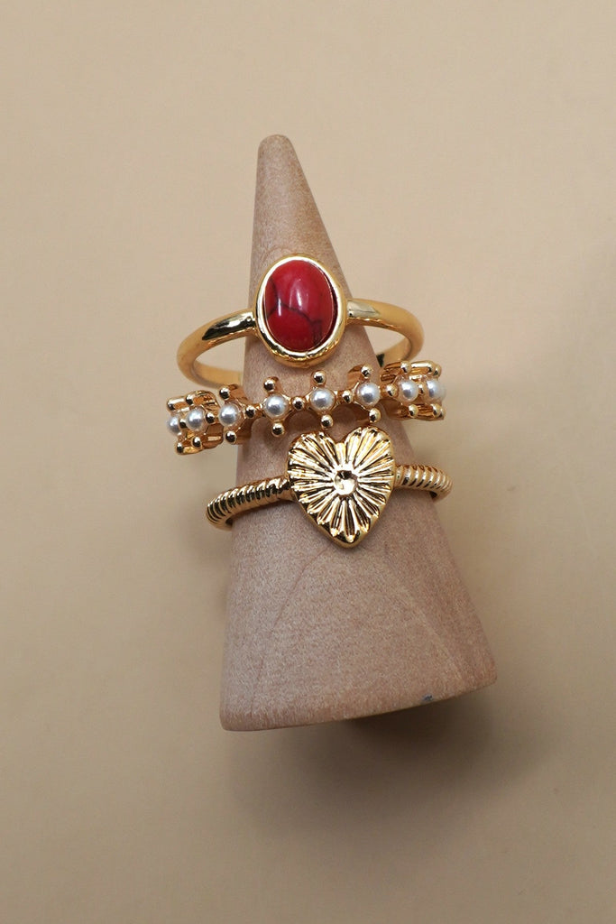HEART STONE PEARL 3 RING SET | 80R131