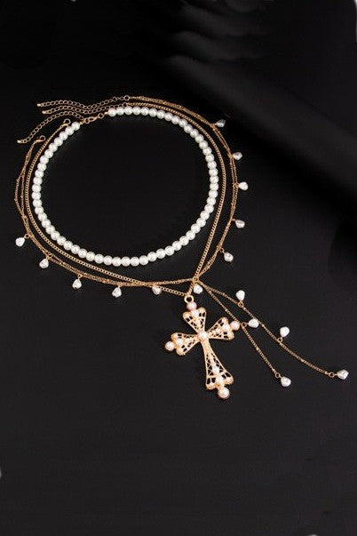 MULTI LAYER MIX PEARL CROSS Y CHARM NECKLACE | 80N92464