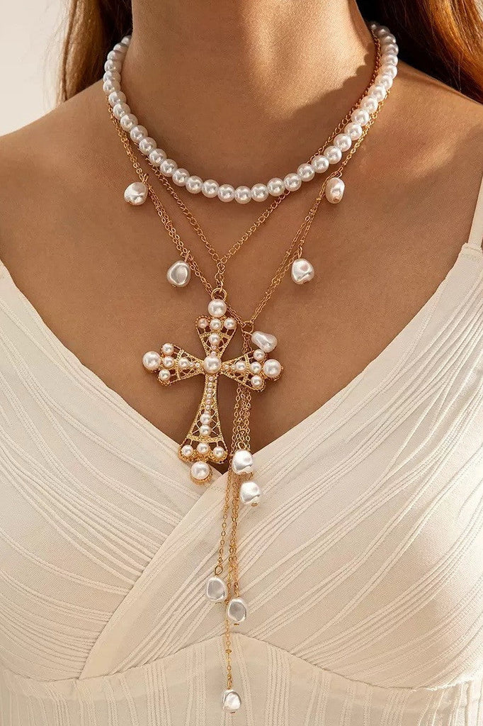 MULTI LAYER MIX PEARL CROSS Y CHARM NECKLACE | 80N92464