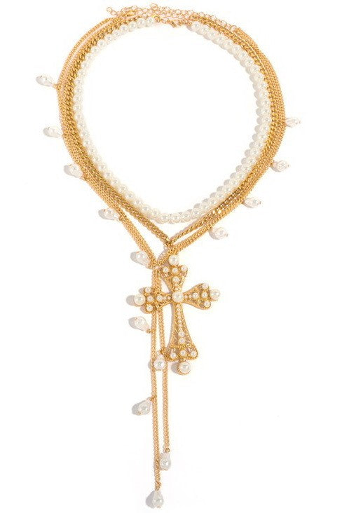 MULTI LAYER MIX PEARL CROSS Y CHARM NECKLACE | 80N92464