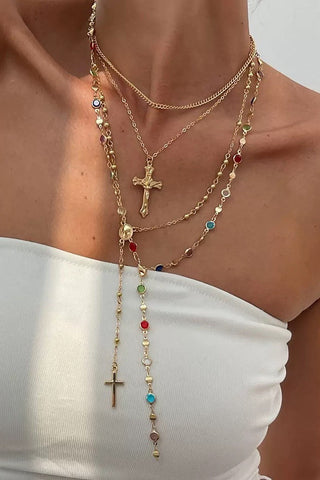 BOHO Y MULTI STONE CROSS LARIAT LAYER NECKLACE | 80N92467