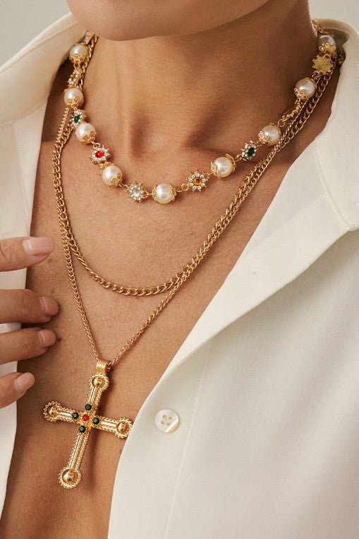 MULTI LAYERED RHINESTONE CROSS STATEMENT NECKLACE | 40NK9605