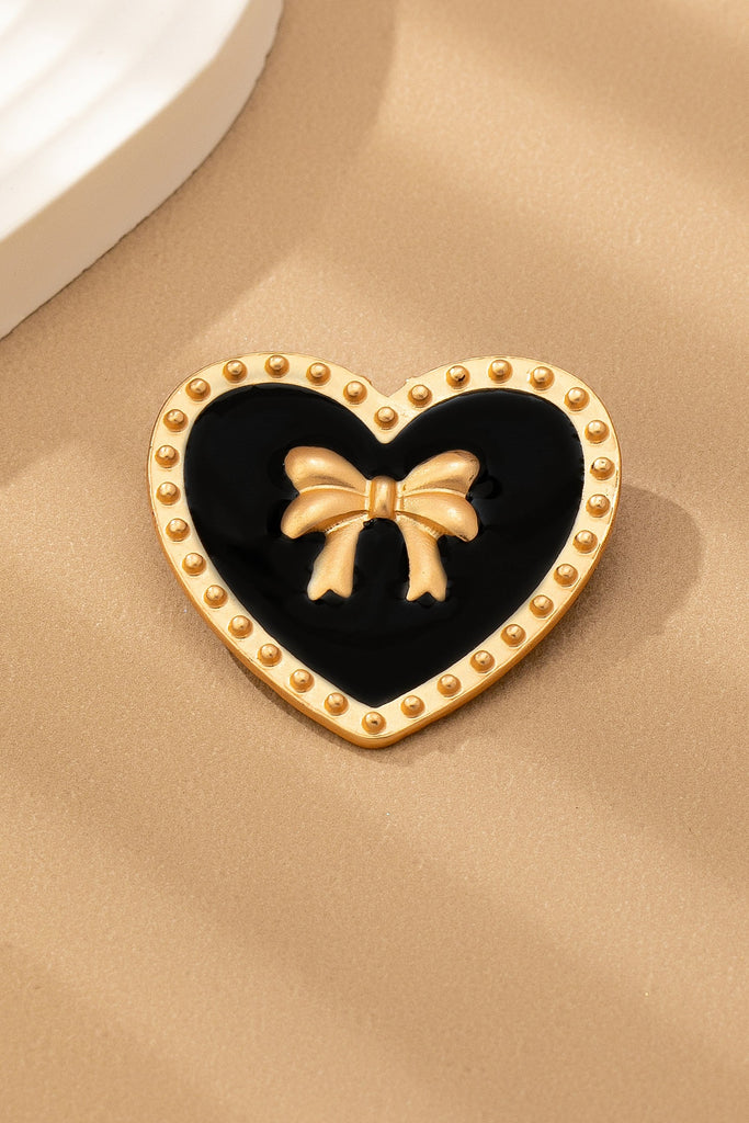 VINTAGE HEART RIBBON EPOXY GOLD BROOCH PIN | 80BC053