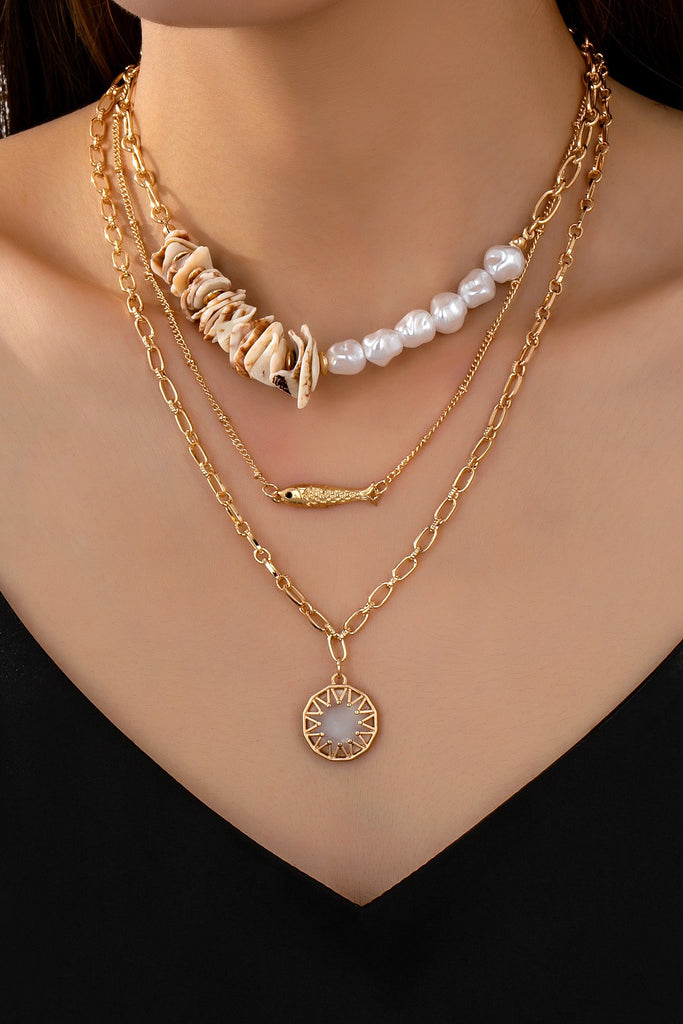 MULTI LAYER  SEASHELL PEARL FISH CHARM NECKLACE | 80N92441