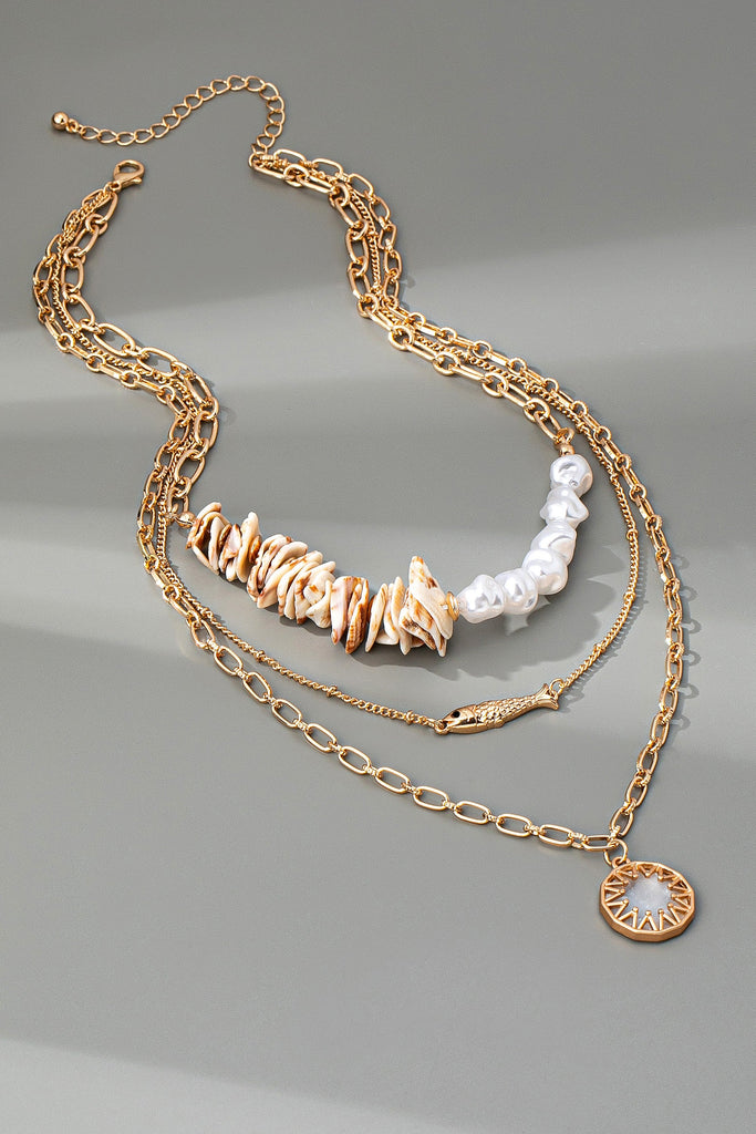 MULTI LAYER  SEASHELL PEARL FISH CHARM NECKLACE | 80N92441