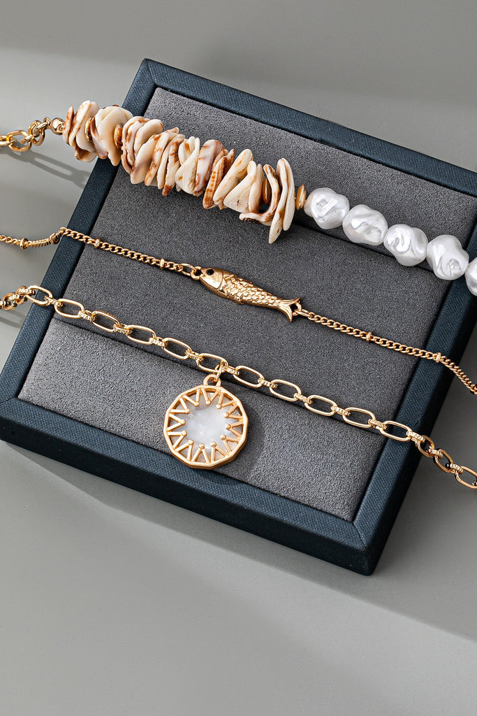MULTI LAYER  SEASHELL PEARL FISH CHARM NECKLACE | 80N92441