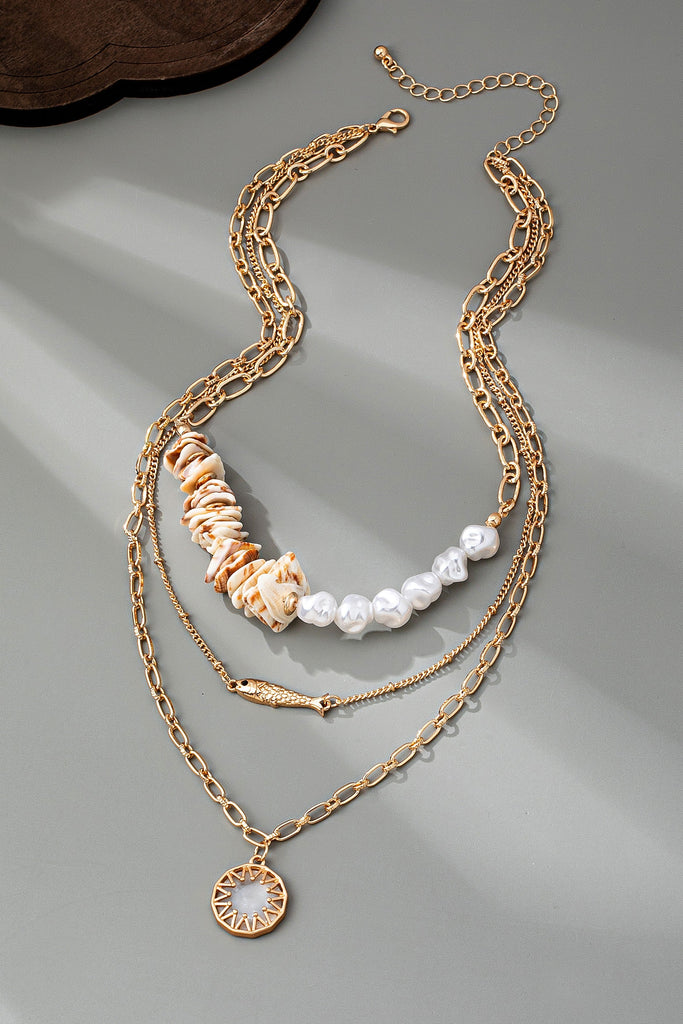 MULTI LAYER  SEASHELL PEARL FISH CHARM NECKLACE | 80N92441