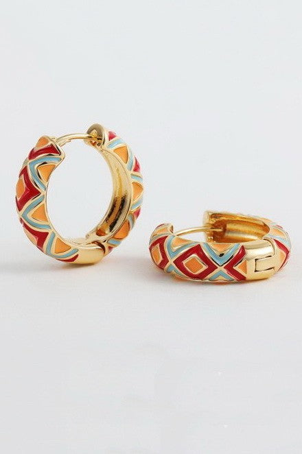 VINTAGE CLOISONNE AZTEC HUGGIE HOOP EARRINGS | 40E429
