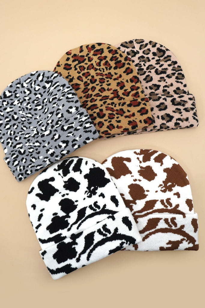 SOFT RIBBED KNIT ANIMAL LEOPARD COW BEANIES HAT | 40BN918