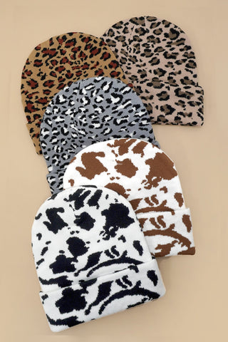 SOFT RIBBED KNIT ANIMAL LEOPARD COW BEANIES HAT | 40BN918