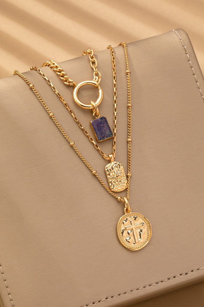 LAYER CELESTIAL CROSS BLUE STONE CHARM NECKLACE | 80N92501