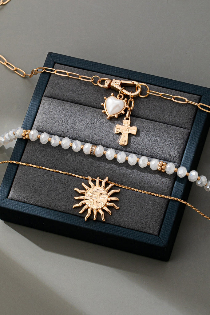 MULTI BEADED LAYER SUN HEART CROSS CHARM NECKLACE | 80N92499
