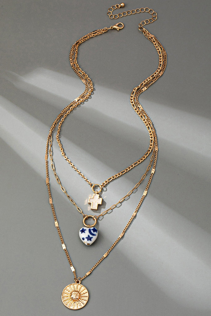MULTI LAYER  PORCELAIN HEART CROSS CHARM NECKLACE | 80N92498
