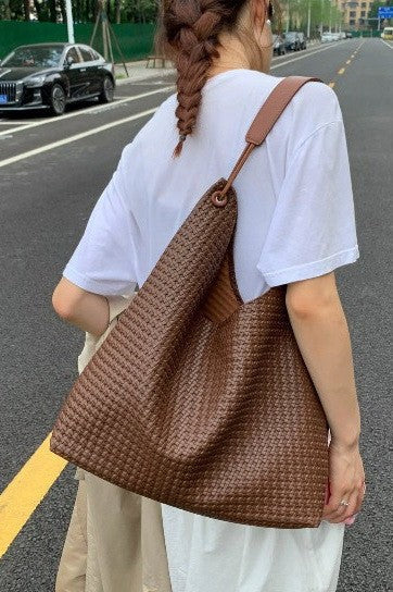 VEGAN FAUX LEATHER WOVEN TOTE SHOULDER BAG | 40P587