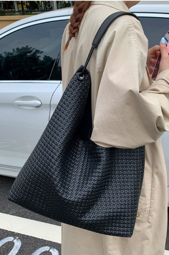 VEGAN FAUX LEATHER WOVEN TOTE SHOULDER BAG | 40P587