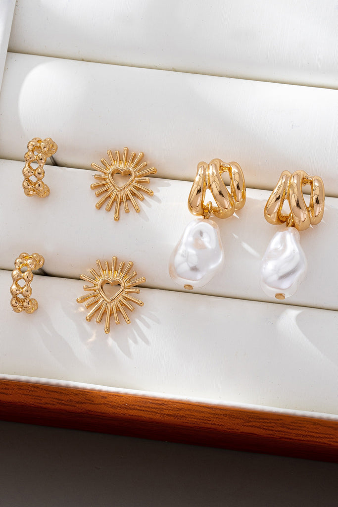 TRIO BLAZING HEART PEARL DROP HUGGIE HOOP EARRINGS | 80E61472