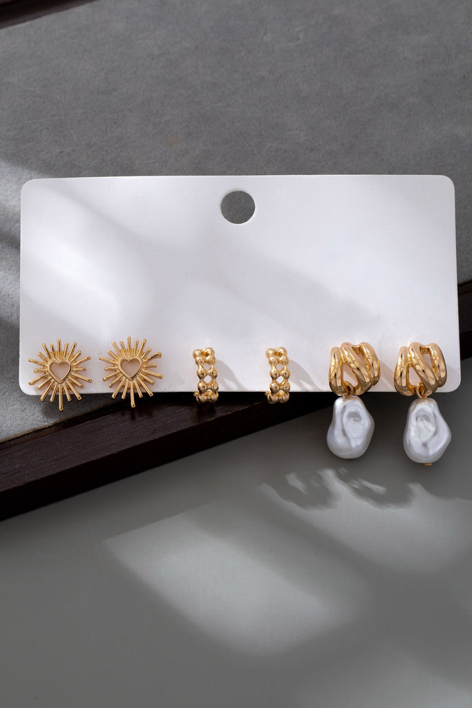 TRIO BLAZING HEART PEARL DROP HUGGIE HOOP EARRINGS | 80E61472